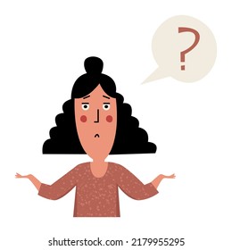 Puzzled little girl with question sign above her head throws up hands in bewilderment and confusion. Child asks question.