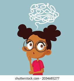 Puzzled Little Girl Solving Logical Problem Vector Cartoon. Female student thinking and developing a complicated plan
