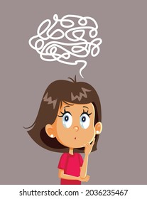 Puzzled Little Girl Solving Logical Problem Vector Cartoon. Female student thinking and developing a complicated plan
