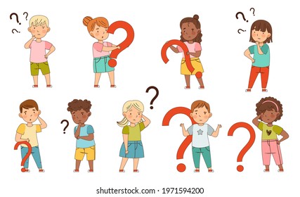 Puzzled Little Kids with Question Scratching Their Heads Wondering Vector Set