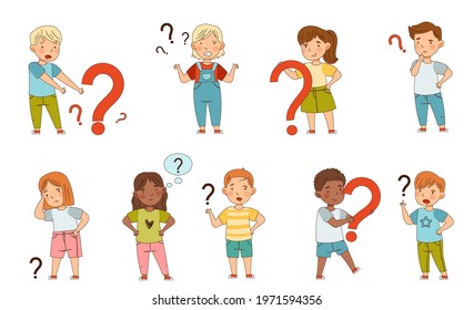 Puzzled Little Kids with Question Scratching Their Heads Wondering Vector Set