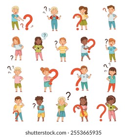 Puzzled Little Kids with Question Scratching Their Heads Wondering Vector Set