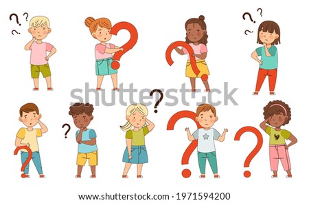 Puzzled Little Kids with Question Scratching Their Heads Wondering Vector Set