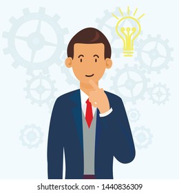 Puzzled Man in Blue Suit on White Background. Candidate for Position. Businessman in Business Suit. Vector Illustration. Competitive Workplace. Recruitment Agency. Ideas and Thoughts Employee.