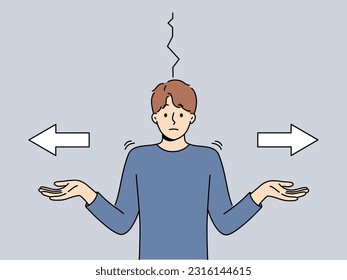 Puzzled man cannot make decision and spreads hands standing next to arrows pointing in different directions. Puzzled guy faces difficult choice and shrugs shoulders to ask for help