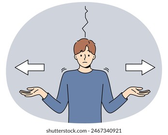 Puzzled man cannot make decision and spreads hands standing next to arrows pointing in different directions. Puzzled guy faces difficult choice and shrugs shoulders to ask for help