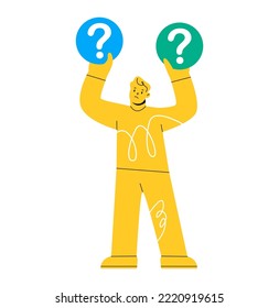 Puzzled man doubting, deciding, setting priorities. Make choice, decision concept. Colorful vector illustration
