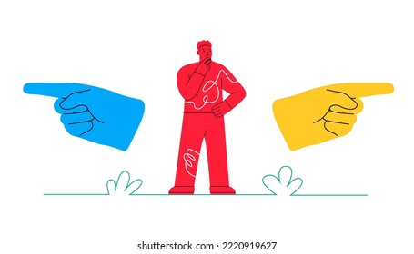 Puzzled man doubting, deciding, setting priorities. Make choice, decision concept. Colorful vector illustration
