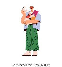 Puzzled man with geometric shapes. Difficult tasks, unknown challenging problems concept. Confused perplexed overwhelmed lost person with figures. Flat vector illustration isolated on white background