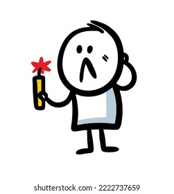 Puzzled man with grimace on the face and dynamite stick in hand looking on burning fuse. Vector illustration of hand drawn cartoon child with weapon.