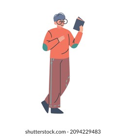 Puzzled Man Holding Open Book Asking Question and Searching for Information Vector Illustration