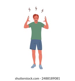 Puzzled man holds her hand over her head, thinking. Flat style cartoon vector illustration. 