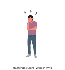 Puzzled man holds his hand over his face, thinking. Flat style cartoon vector illustration. 