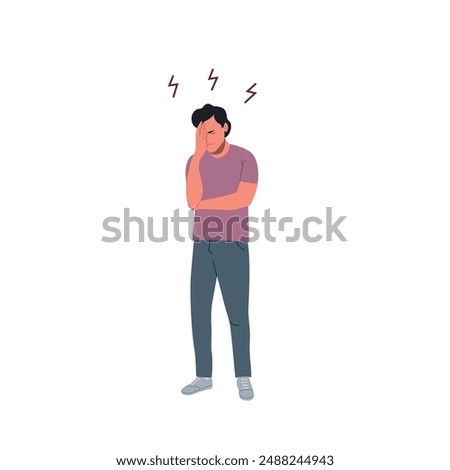 Puzzled man holds his hand over his face, thinking. Flat style cartoon vector illustration. 