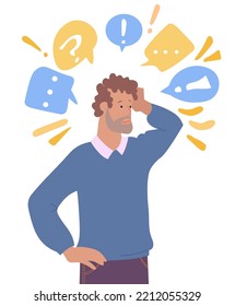 Puzzled man looking for problem solution. Thoughtful man. Young man thinking or solving problem, surrounded by thought bubbles, question marks. Flat cartoon vector illustration.
