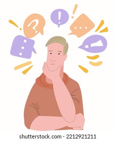 Puzzled man looking for problem solution. Thoughtful man. Young man thinking or solving problem, surrounded by thought bubbles, question marks. Flat cartoon vector illustration.