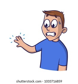 Puzzled man looks at his tingling hand with imaginary blue waves. Isolated flat illustration on white backgroud. Cartoon vector image.