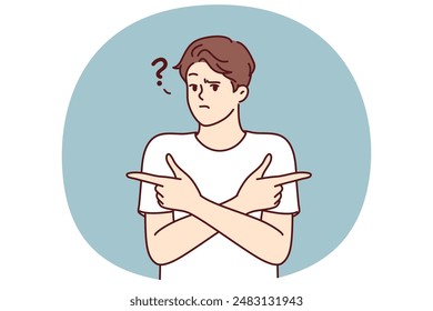 Puzzled man pointing fingers in different directions doubtful trying to accept difficult decision with unknown consequences. Puzzled guy is wondering what to make choice between two options