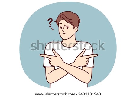 Puzzled man pointing fingers in different directions doubtful trying to accept difficult decision with unknown consequences. Puzzled guy is wondering what to make choice between two options