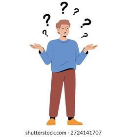 Puzzled man with question marks thinking isolated vector illustration on white background