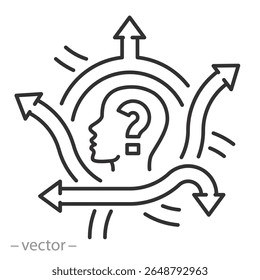 homem intrigado com ícone de junção de estrada, pessoa de dúvida, confusão na escolha de um caminho, direções de seta, tomando a decisão sobre caminho, escolha, símbolo web linha no fundo branco - ilustração de traço editável