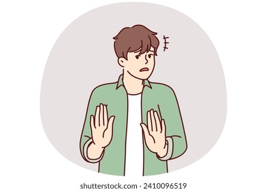 Puzzled man stretches out hands showing palms calls to stop or stop politically incorrect actions. Embarrassed young guy calls to stop spread of harmful or fake information. Flat vector illustration