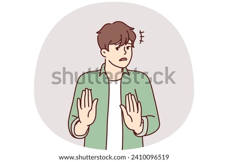 Puzzled man stretches out hands showing palms calls to stop or stop politically incorrect actions. Embarrassed young guy calls to stop spread of harmful or fake information. Flat vector illustration