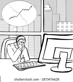 A puzzled Manager sitting at a computer Desk, thinking about financial charts. Outside the window is a city view with skyscrapers. Black and white vector illustration.