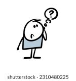 Puzzled men with comics text bubble and question mark. Vector illustration of confused doodle stickman. Isolated hand drawn image on white background.