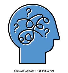 Puzzled mind blue color icon. Mental exercise, challenge. Ingenuity, intelligence test. Critical thinking. Brain teaser. Logic questions. Solution finding porcess. Isolated vector illustration