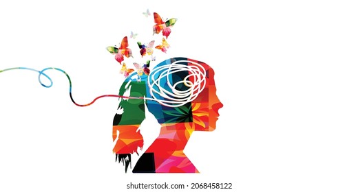 Puzzled mind. Confused thoughts. Mental exercise. Intelligence test. Critical thinking. Brain teaser. Complicated logic questions. Solution finding. Woman's silhouette isolated vector illustration