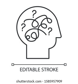 Puzzled Mind Linear Icon. Mental Exercise, Challenge. Intelligence Test. Brain Teaser. Logic Questions. Thin Line Illustration. Contour Symbol. Vector Isolated Outline Drawing. Editable Stroke