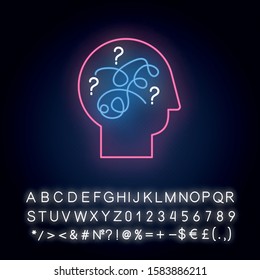 Puzzled Mind Neon Light Icon. Mental Exercise, Challenge. Brain Teaser. Logic Questions. Solution Finding Porcess. Glowing Sign With Alphabet, Numbers And Symbols. Vector Isolated Illustration