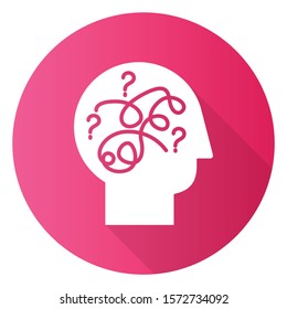 Puzzled Mind Pink Flat Design Long Shadow Glyph Icon. Mental Exercise. Intelligence Test. Critical Thinking. Brain Teaser. Logic Questions. Solution Finding Porcess. Vector Silhouette Illustration