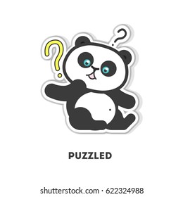 Puzzled panda sticker. Isolated cartoon sticker. Funny panda with question marks.