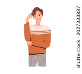 Puzzled pensive man thinking and scratching his head with finger, finding solutions. Thoughtful questioned worried person pondering and doubting. Flat vector illustration isolated on white background