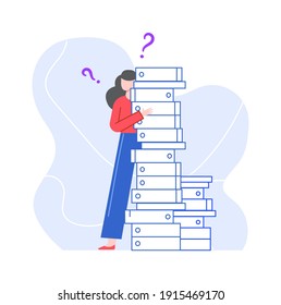 Puzzled and pensive woman with stack of folders. Illustration lady with question, problem confused, find solution, uncertain and confusion vector