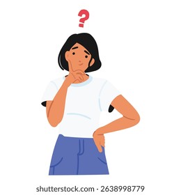 Puzzled pensive young woman cartoon character searching solution touching chin with question mark over head isolated on white background. Portrait of confused female thinking vector illustration