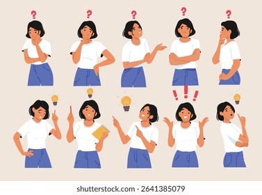 Puzzled pensively thinking and brainstorming woman emotional expression isolated portraits set. Female cartoon character solving problem, having genius idea, searching answers vector illustration