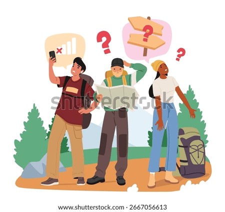 Puzzled people backpackers lost in forest no mobile phone service, no road signs for destinations, get entangled in paper map during hiking outdoor travel adventure cartoon scene vector illustration