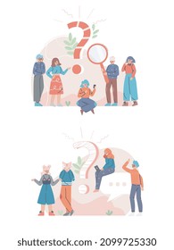 Puzzled People Character Asking Question and Searching for Answer Around Interrogation Mark Vector Illustration Set