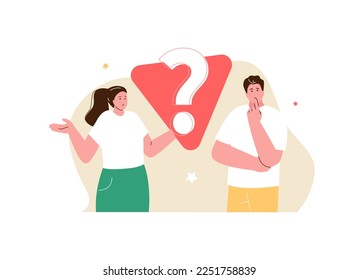 Puzzled people next to the question mark. Search for solutions and ideas. Vector business characters