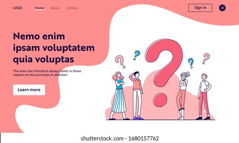 Verwirrte Menschen, die über Problemlösung nachdenken, Antworten suchen. Pensive Cartoon-Figuren, die in der Nähe eines großen Fragezeichens stehen. Vektorillustration Illustration Zweifel, Hilfe, Hilfe, Verwirrung bei der Konzeption