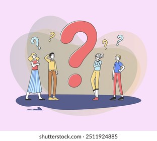 Pessoas intrigadas pensando na solução do problema, procurando respostas. Personagens de desenho animado perto de um grande ponto de interrogação. Dúvida de ilustração de vetor, ajuda, assistência, confusão de conceito