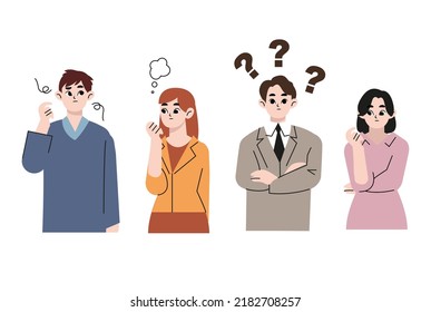 Puzzled people wondering or thinking, planning or pondering. Men and women full of thoughts, holding hand by chin. Confused males and females isolated. Cartoon character. Vector illustration isolated 
