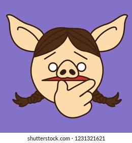 puzzled pig woman who is thinking about a problem & unsure what to decide while touching her lips with thumb & finger & scratching her chin, decisive pose & gesture with hand that touch mouth