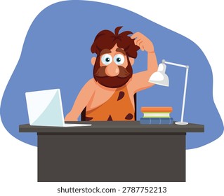 Puzzled Prehistoric Caveman Working on Laptop Vector Illustration. Confused ancient caveman scratching head while looking at computer on office desk 
