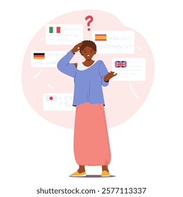 Puzzled questioned woman having foreign language problem feeling barrier in communication vector illustration. Worried female character misunderstanding English, German, Italian, Japanese, Spanish