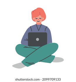 Puzzled Redhead Man Character with Crossed Legs Sitting with Laptop Asking Question in the Internet Vector Illustration