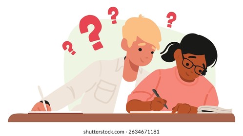 Garoto de escola intrigado tendo problemas com conhecimento traindo respostas de colega de classe. Aluno copiando teste roubando tarefa de exame correto olhando para classfellow planilha cartoon vetor ilustração
